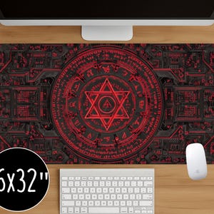 Withcy Occult Magic Circle Mouse Pad with Red Alchemy Symbols Large Gaming Desk Mat for Gamers, Witches, and Fantasy Lovers Office Decor