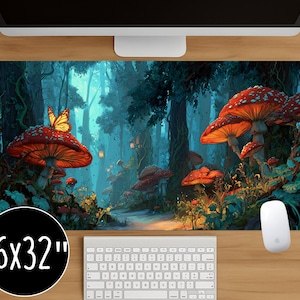 Enchanted Forest Desk Mat: Fantasy Mushroom & Butterfly Mouse Pad