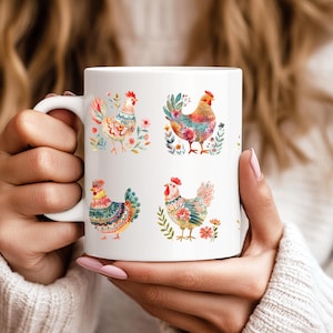 Colorful Chickens Ceramic Coffee Mug for Farm Animal Lovers, Funny Chicken Cup for Tea or Cocoa, Rustic Country Kitchen Mug Gift Idea