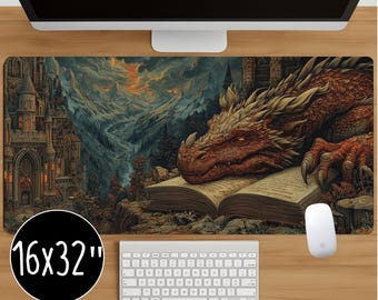 Dragon Desk Mat, Castle & Magic Book Design, Fantasy Gamer Decor