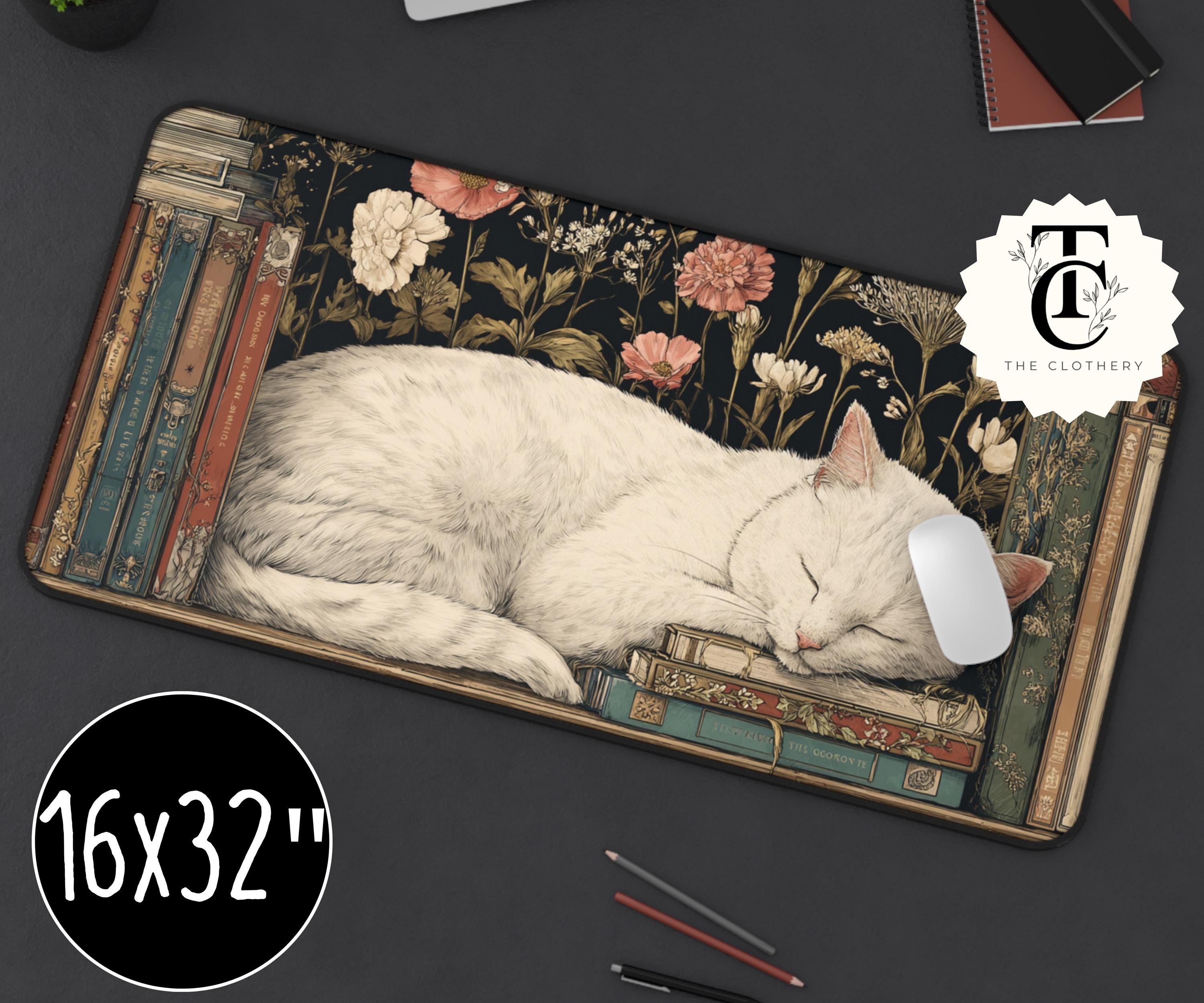 Sleeping Cat Desk Mat, Vintage Books, Floral Office Decor - Etsy