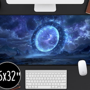 May include: A large rectangular mouse pad with a cosmic fantasy scene. The design features a glowing blue portal in a starry sky, with mountains in the background. The mouse pad measures 16 x 32 inches.