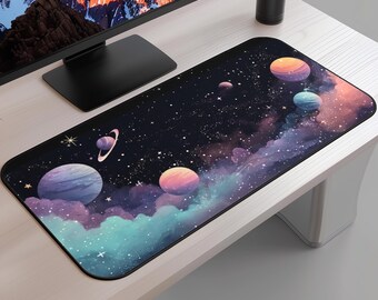 Galaxy Desk Mat, Colorful Planets and Starry Sky, Outer Space Office Decor