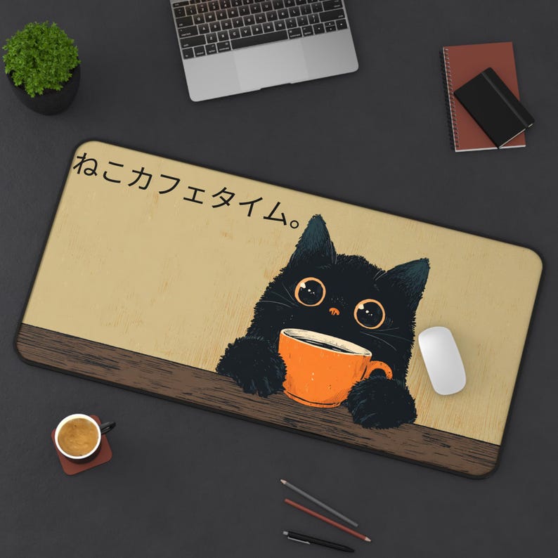 Podkładka na biurko Kawaii z czarnym kotem: wzór kawy w stylu anime zdjęcie 7