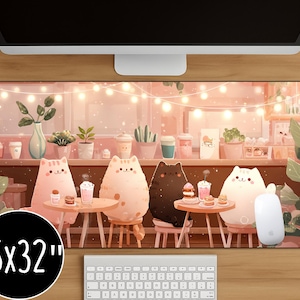 Cute Cat Cafe Mouse Pad with Cozy Coffee Shop Scene Large Desk Mat for Work, Study or Gaming Kawaii Cat Dessert Design Gift
