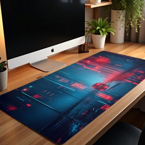 Cyberpunk City Mouse Pad: Neon Car Desk Mat for Gamers