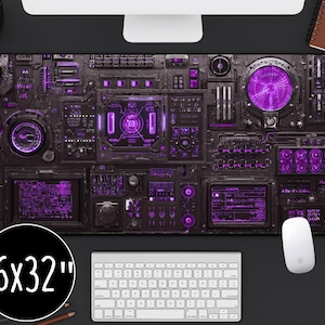 Futuristic Sci-Fi Control Panel Desk Mat with Neon Purple Interface, Cyberpunk Mouse Pad for Gamers, Tech Lovers and Streamer Setups