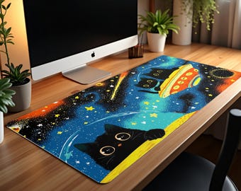 Black Cat Space Desk Mat: Galaxy UFO Design, Extra Large Gaming Pad