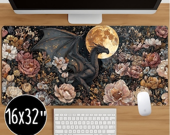 Fantasy Dragon Schreibtischmatte, Floral Vollmond, erweitertes Gaming Maus Pad