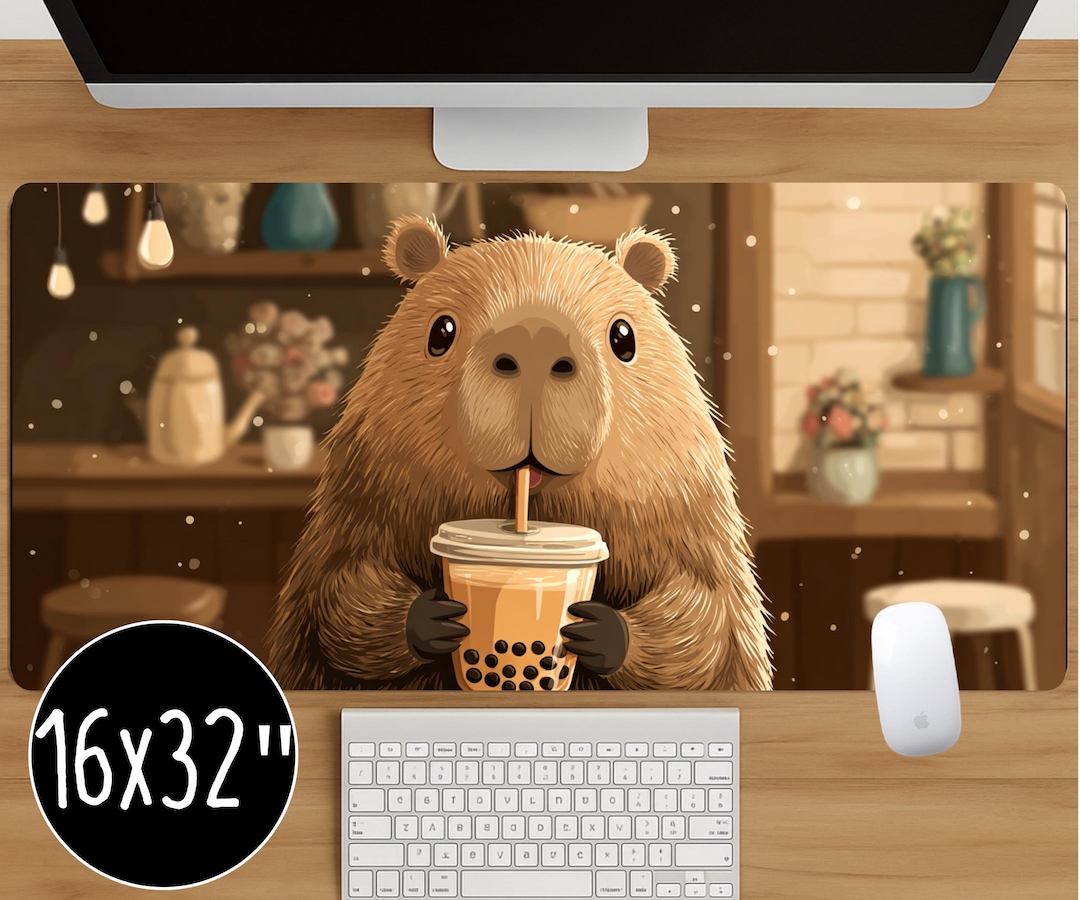 Capybara Desk Mat: Kawaii Bubble Tea Mouse Pad, Cozy Café Style - Etsy