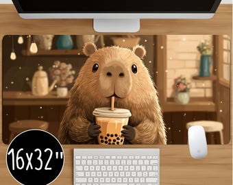 Podkładka pod mysz Capybara: Kawaii Bubble Tea, styl przytulnej kawiarni