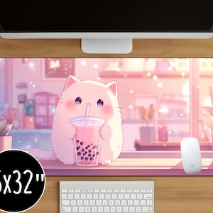 Cute Kawaii Cat Boba Mouse Pad Soft Large Desk Mat for Gamers, Office & Home Adorable Pink Bubble Tea Mousepad Gift for Cat Lovers