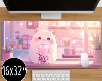 Podkładka pod myszkę Kawaii Cat Boba, różowa podkładka na biurko Bubble Tea