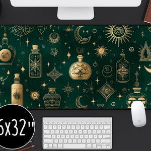 Green Mystical Desk Mat with Gold Occult Symbols and Celestial Designs, Witchy Mouse Pad for Spiritual Decor, Esoteric Astrology Desk Pad