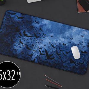 Large Blue Galaxy Bat Pattern Desk Mat  Extended Gaming Mouse Pad with Starry Night Sky Design for Office, Home, or Gamer Setup
