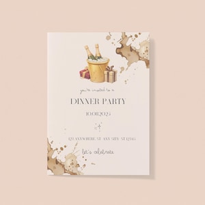 Convite elegante para jantar | Convite para impressão | Tema champanhe | Cartão de festa editável