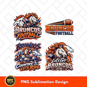 Puede incluir: Cuatro diseños gráficos con un caballo blanco de crin naranja con uniforme de fútbol americano azul y naranja. El texto incluye BRONCOS FOOTBALL, BRONCOS COUNTRY LETS RIDE y LETS GO BRONCOS EST 1960, con balones y siluetas de montañas.