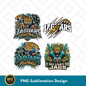 May include: A collection of four digital graphic designs featuring jaguar mascots in teal, gold, and black. The designs include text such as JAGUARS FOOTBALL and IT WAS ALWAYS THE JAGS, showcasing aggressive jaguar imagery, footballs, and claw marks.