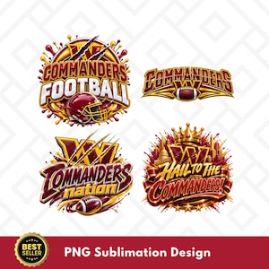 May include: Four digital graphic designs featuring the Washington Commanders football team. Elements include a burgundy and gold colour scheme, football helmets, a football, a crown, the Capitol building, and text reading Commanders Football, Commanders, Commanders Nation, and Hail to the Commanders.