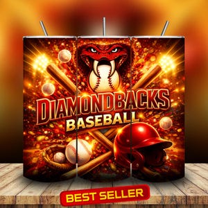 以下が含まれることがあります： 「Diamondbacks Baseball」の文字が入った、野球をテーマにしたタンブラー。赤いヘビの頭、野球ボール、バット、赤いヘルメットが輝く背景にデザインされています。タンブラーにはストローが付いており、「Best Seller」と表示されています。