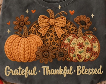 May include: Dark gray sweatshirt with embroidered pumpkins, flowers, and the words "Grateful, Thankful, Blessed." The pumpkins have various patterns, including a leopard print and floral designs. The design includes hearts and stars.