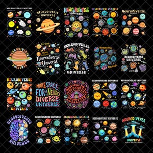 以下が含まれることがあります： カラフルなグラフィックデザインのコレクションで、惑星、星、そして「Neurodiverse Universe」というテキストが特徴です。デザインには、笑顔の惑星、宇宙服を着た恐竜、インスピレーションを与えるフレーズなど、さまざまなイラストが含まれています。全体的なテーマは宇宙と包括性です。