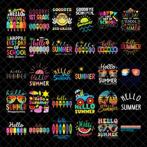 以下が含まれることがあります： カラフルな夏のテーマのグラフィックデザインのコレクション。「Hello Summer」、「Happy Last Day of School」、「Goodbye School」などのフレーズが含まれています。サングラス、アイスキャンディー、ビーチシーンなどのさまざまな要素が組み込まれています。
