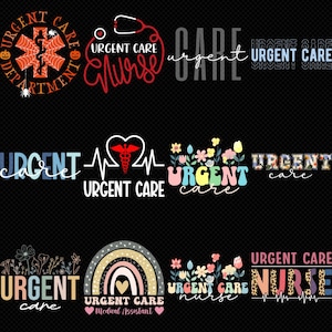 May include: A selection of graphic designs featuring the phrases "Urgent Care" and "Nurse" in diverse fonts and styles. Some designs incorporate medical symbols such as a stethoscope, heartbeat, and caduceus. The colour scheme includes orange, red, blue, and floral patterns.