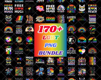 May include: A collection of colorful LGBT-themed PNG graphics. The image features various designs, including rainbows, cats, dinosaurs, and text like "Be Kind," "Free Mom Hugs," and "We Are All Human." The bundle includes over 170 graphics.
