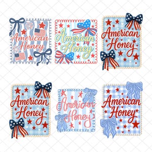May include: Six rectangular designs with the text "American Honey", featuring bows, stars, and the colours of the American flag: red, white, and blue. Some designs have a gingham or striped background.