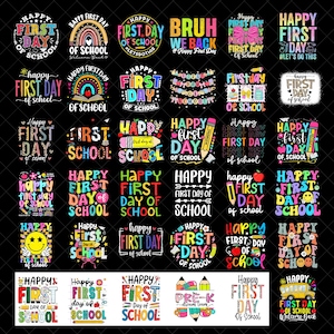 以下が含まれることがあります： 様々なフォントとスタイルで「Happy First Day of School」というテキストが書かれた、カラフルなグラフィックデザインのコレクション。虹、鉛筆、リンゴ、スマイリーフェイスのデザインが含まれており、新学期をテーマにした商品に最適です。
