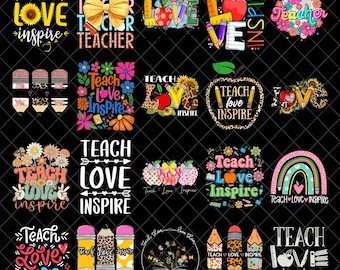 Teach Love Inspire Png Bundle, Boho Floral Teacher Png, Teacher Png, Retro Teacher Png, Teacher Gift Png, Teacher Sublimation,Back to School