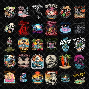May include: A selection of vibrant, retro-style graphic designs showcasing skeleton characters in diverse beach and summer settings. Text includes phrases like "Aloha Beaches", "Santa Cruz", and "Salty Moms Beach Club".
