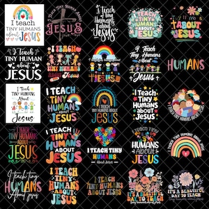 Peut inclure: Plusieurs graphismes colorés avec l'inscription « I teach tiny humans about Jesus ». Les motifs comprennent des arcs-en-ciel, des cœurs, des croix et des éléments floraux. Le texte est en différentes polices et couleurs.