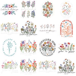 Puede incluir: Una colección de diseños florales con el texto "Considera cómo crecen los lirios del campo" y versículos bíblicos. Los diseños presentan varias flores silvestres coloridas y mariposas, dispuestas en diferentes estilos.