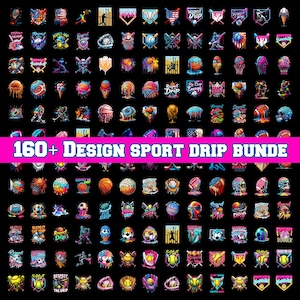 May include: A collection of 160+ sports-themed designs with a drip effect, featuring various sports equipment and elements. The designs are in vibrant colours, including pink, blue, and yellow, set against a black background. Text in the image reads "160+ DESIGN SPORT DRIP BUNDLE."