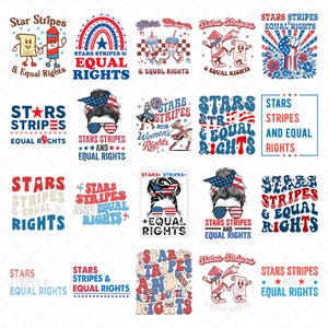 Op de afbeelding: Collectie patriottische grafische ontwerpen met de thema's sterren, strepen en gelijke rechten. Ontwerpen bevatten tekst en illustraties van vuurwerk, vlaggen en gestileerde figuren. Het kleurenpalet is rood, wit en blauw.