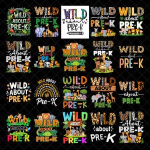 以下が含まれることがあります： 「WILD ABOUT PRE-K」のテキストが入った、カラフルなグラフィックデザインのコレクション。様々な動物のイラスト、虹、花の要素が特徴です。テキストは様々なフォントと色で表現されており、アパレルや教育教材に適しています。