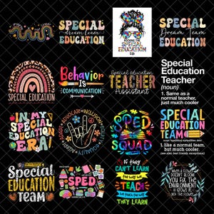 Op de afbeelding: Een verzameling kleurrijke grafische ontwerpen met tekst over speciaal onderwijs. Ontwerpen omvatten regenbogen, handgebaren en zinnen als "Special Education Team" en "Sped Squad."