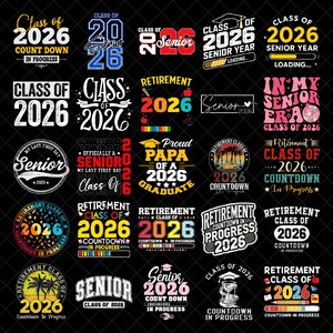 以下が含まれることがあります： 「Class of 2026」と「Retirement 2026」の文字が入ったグラフィックデザインのコレクション。カウントダウン、卒業テーマ、シニアイヤーのモチーフなど、すべて黒い背景にデザインされています。