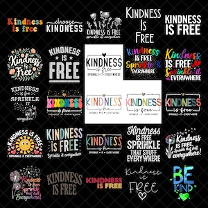 以下が含まれることがあります： 「Kindness is Free」と「Sprinkle it Everywhere」というフレーズを使ったグラフィックデザインのコレクション。さまざまなフォント、色、ハート、花、笑顔の太陽などの装飾要素を使用しています。全体的なテーマはポジティブさです。