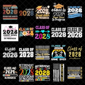 Può includere: Una collezione di grafiche colorate con le scritte "Class of 2028" e "Retirement". I disegni includono cappelli di laurea, barre di conto alla rovescia e una bandiera americana. Adatto per abbigliamento e accessori.