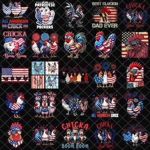 Può includere: Una collezione di disegni patriottici di galli e galline in rosso, bianco e blu. Le immagini includono galli con motivi a bandiera americana, testo come "All American Chick" e fuochi d'artificio. Perfetto per il 4 luglio.