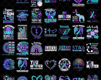 Puede incluir: Una colección de diseños gráficos en color turquesa, morado y negro con texto y símbolos relacionados con la concienciación sobre la prevención del suicidio. Los diseños incluyen cintas, corazones, arcoíris y frases como "You Matter" y "Stay".