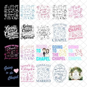 以下が含まれることがあります： さまざまなフォントとスタイルで「Going to the Chapel」というフレーズを使用した、結婚をテーマにしたデザインのコレクション。デザインには、ウェディングケーキ、指輪、鳩、カップルのイラストが含まれています。カラーパレットには、黒、白、ピンク、青が含まれています。