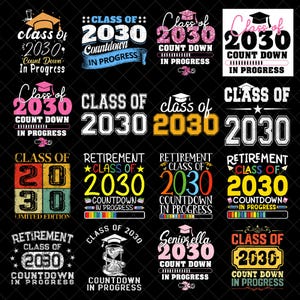 以下が含まれることがあります： 「Class of 2030」と「Retirement Class of 2030」の文字が入った、卒業と退職をテーマにしたデザインのコレクション。卒業帽子、カウントダウンの進行状況バー、さまざまな配色が含まれています。