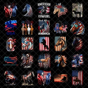 May include: A collection of horse-themed designs with patriotic American flag elements. The images feature horses with flags, text like "American Cowgirl," and equestrian themes. The color palette includes red, white, and blue.