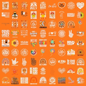 May include: An orange background with numerous circular and rectangular designs promoting kindness and anti-bullying. The designs feature text like "Be Kind," "Unity Day," and "Stop Bullying," along with various graphics such as smiley faces, peace signs, and sunflowers.