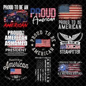 以下が含まれることがあります： アメリカ国旗とテキストを使った愛国的なデザインのコレクションです。「Proud to be an American」や「U.S. Air Force Brother」などのフレーズが含まれています。画像には、モンスタートラック、ワシ、アメリカ国旗が描かれています。