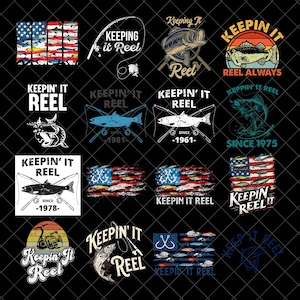 以下が含まれることがあります： 黒い背景に、釣りテーマのデザインのコレクション。デザインには魚、釣り竿、さまざまなフォントとスタイルで「Keepin' it Reel」というフレーズが含まれています。一部のデザインにはアメリカ国旗が組み込まれています。